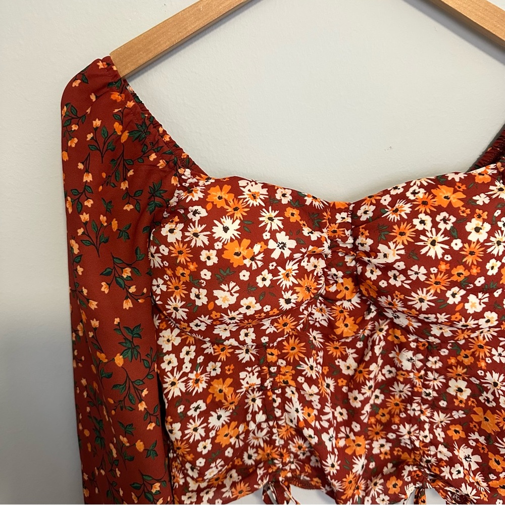Madden NYC Floral Shirred Print Peasant Top Size Large Bohemian Cottagecore - Picture 2 of 10